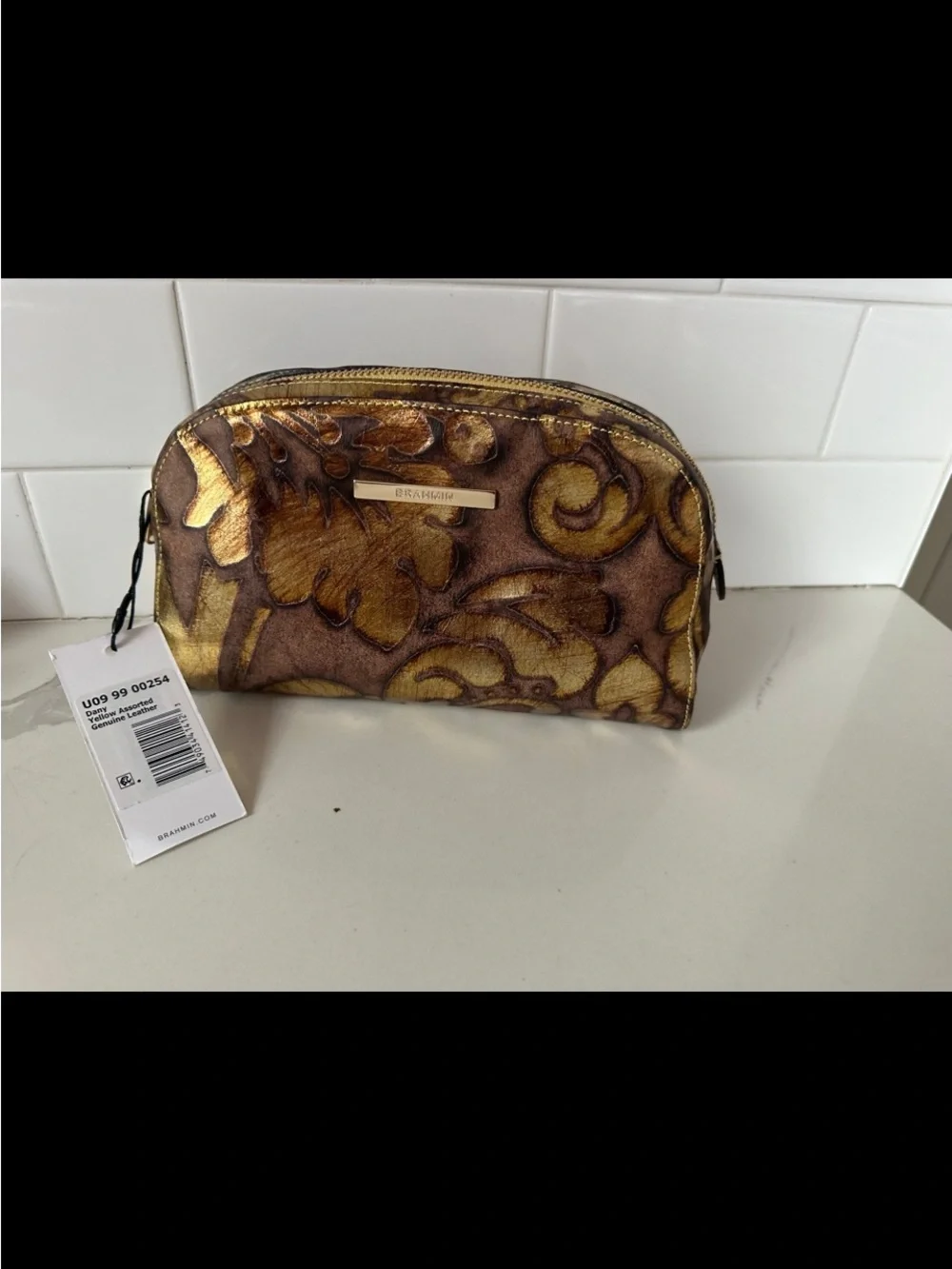 Brahmin Dany Gold and Brown Floral Embossed Leather Pouch